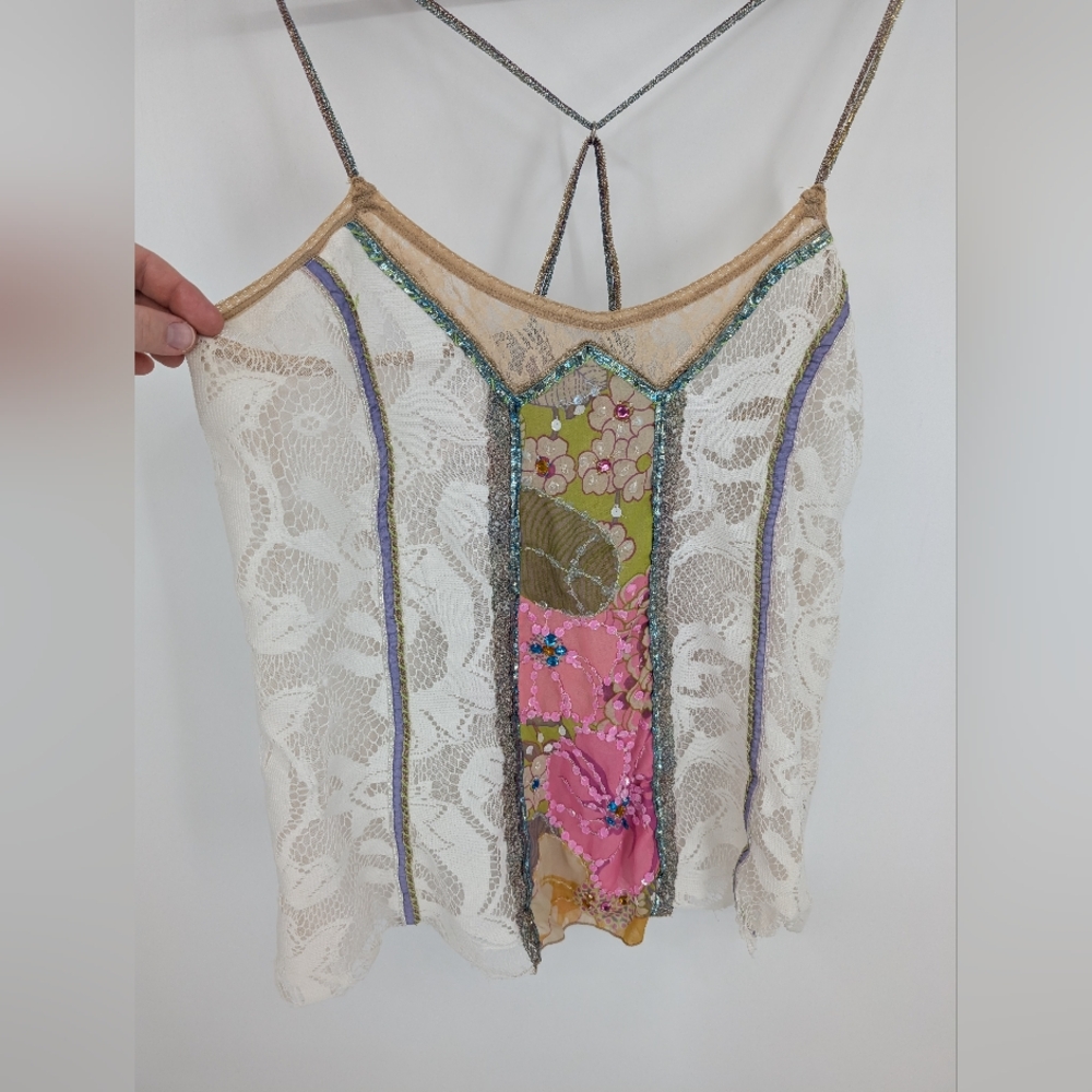 Free People White Lace Patchwork Tank with Pink & Green Floral Panel - Picture 2 of 10